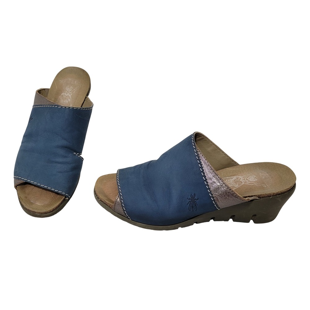 FLY LONDON Idar Blue Nubuck Wedge Mule Sandals Peep Toe Sz EU 39‎ US 8-8.5